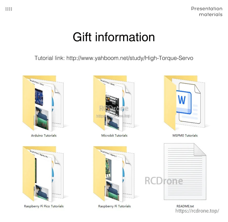 Gift information screen listing tutorial downloads for Arduino, Micro:bit, MSPM0 and Raspberry Pi Pico