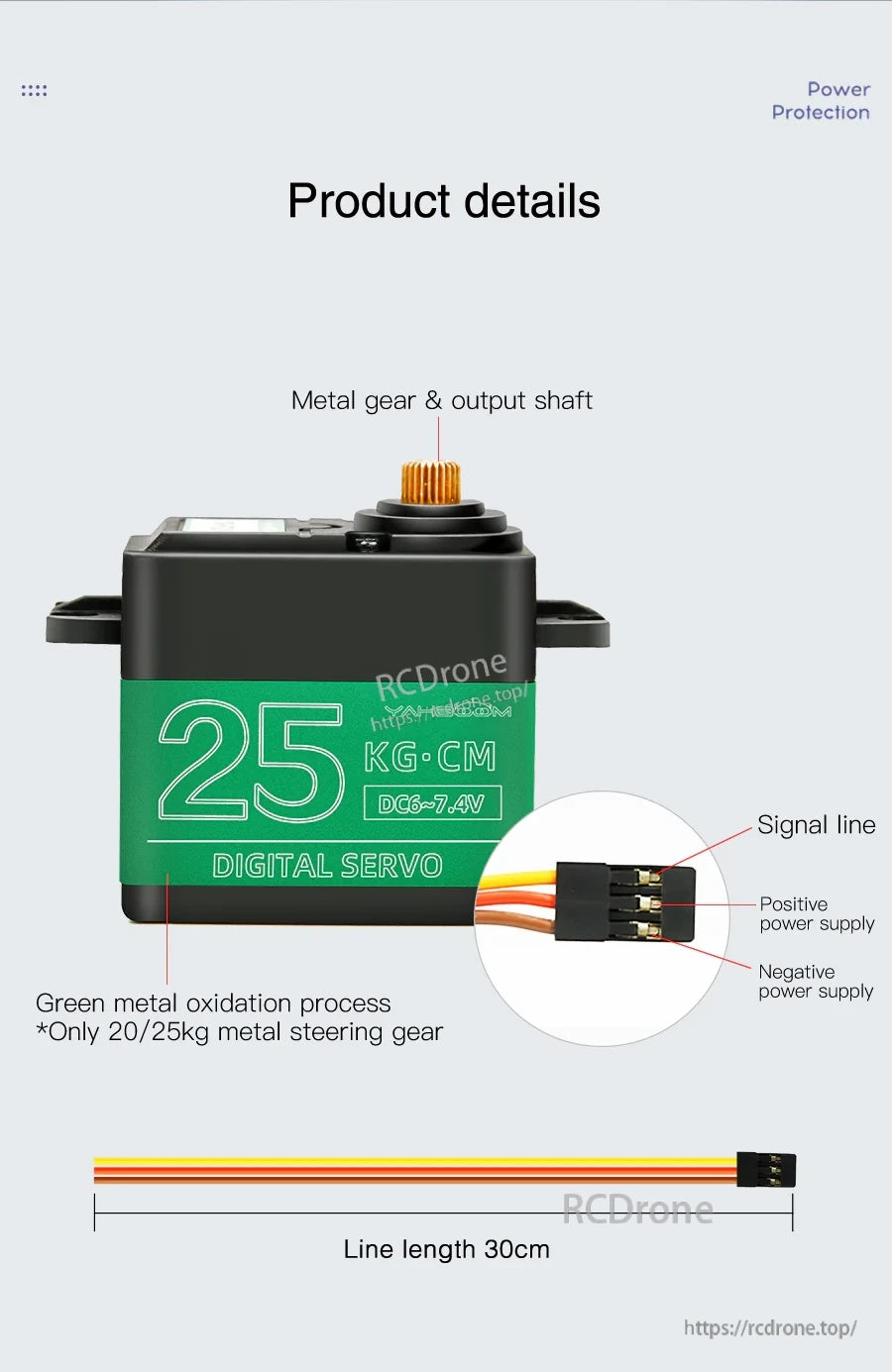 Yahboom 25KG metal digital servo detail with metal output shaft, 30cm lead, and 3-wire PWM connector pinout