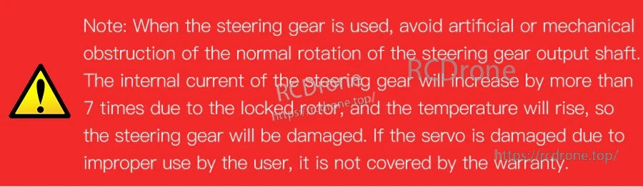 Warning note for digital metal servo use: avoid obstructing rotation to prevent current spikes and overheating