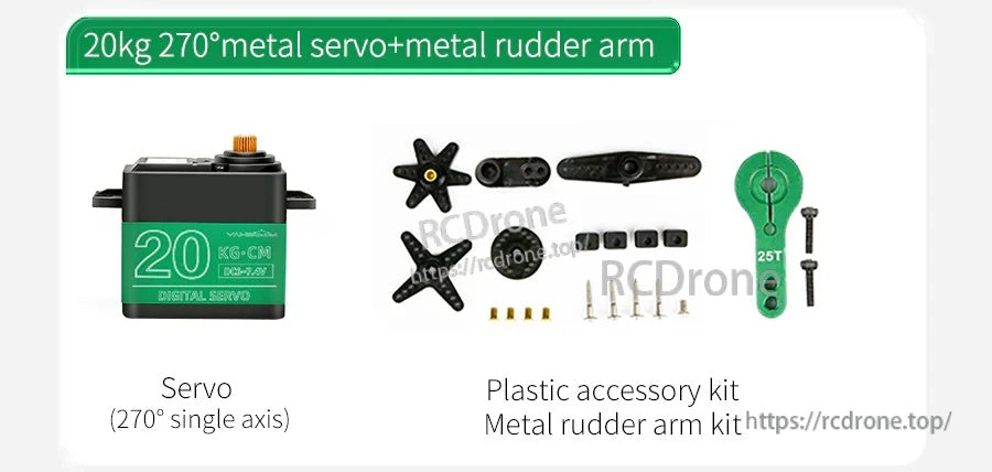 20kg 270° metal digital servo with horn set, screws, and 25T metal rudder arm accessories