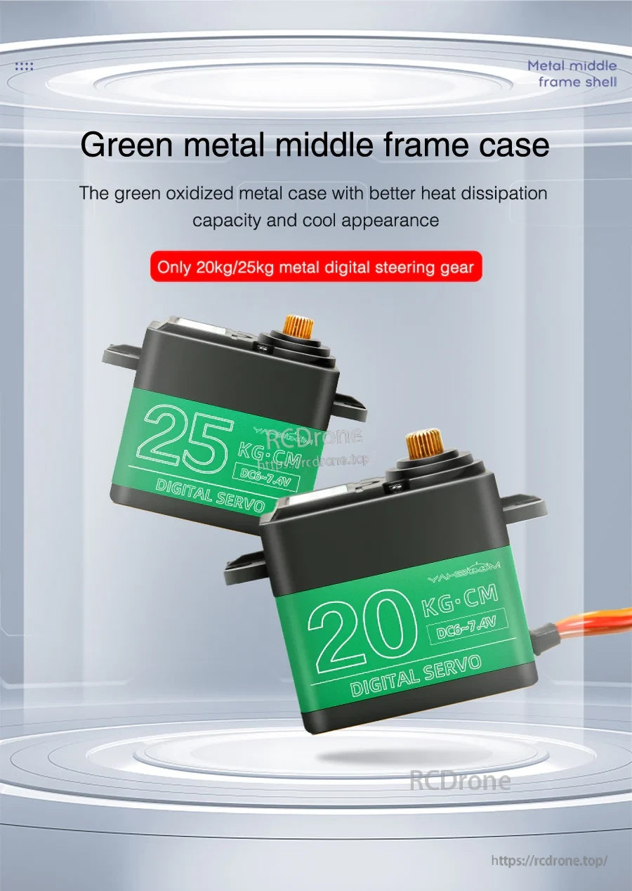 Green oxidized metal middle frame case on 20KG and 25KG servos for improved heat dissipation