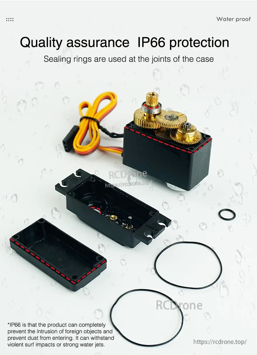IP66 sealing rings and servo case parts showing waterproof dustproof design around the gear box