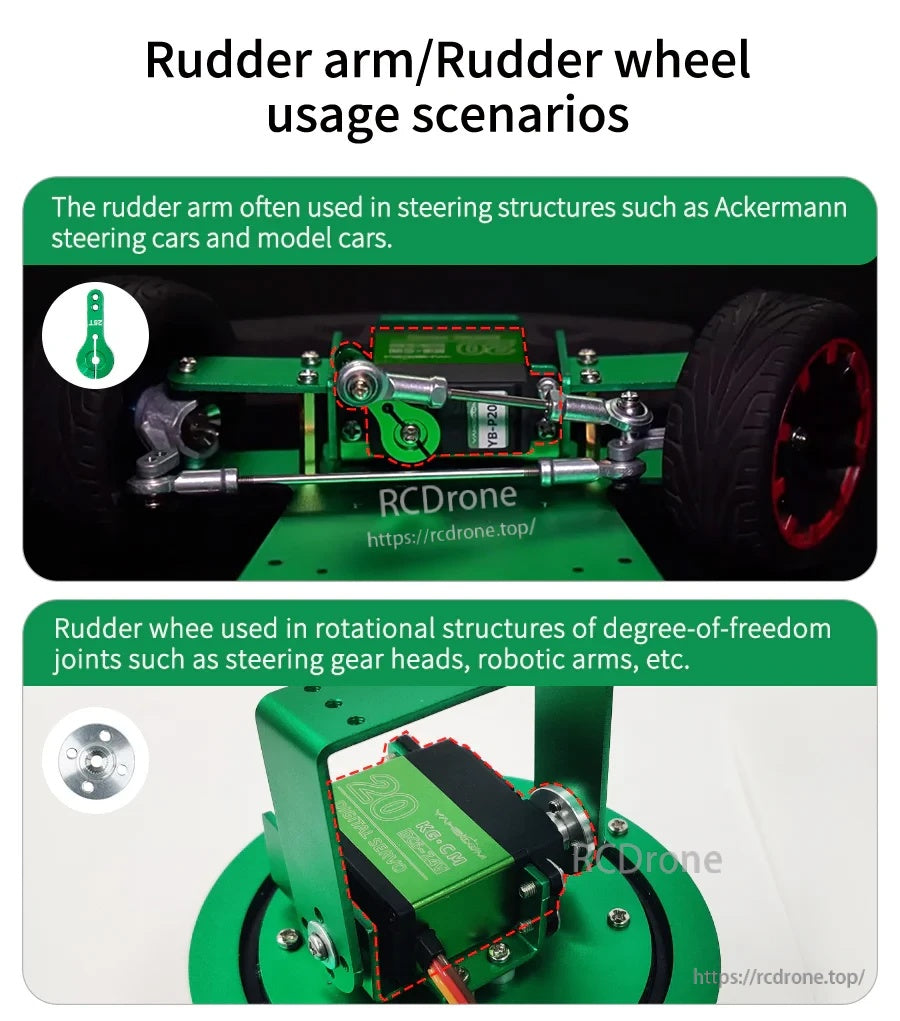 RC car steering and robotic joint examples using a servo horn and servo wheel for linkage mechanisms