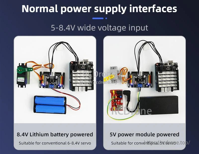 Power supply interface examples showing 5–8.4V input using 8.4V lithium battery or 5V power module