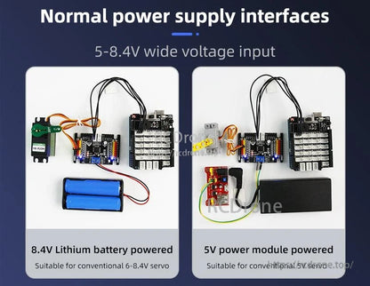 Power supply interface examples showing 5–8.4V input using 8.4V lithium battery or 5V power module