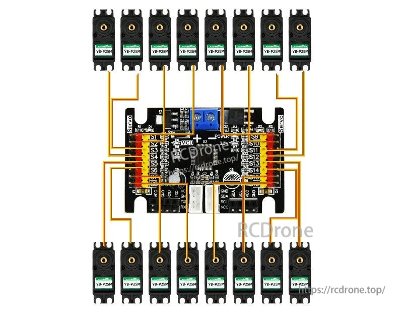 Wiring diagram for connecting 16 servos to the controller board using S1–S16 servo ports
