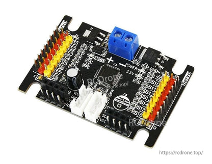 Angled close-up of Yahboom 16-Channel PWM servo controller board with dual servo pin headers