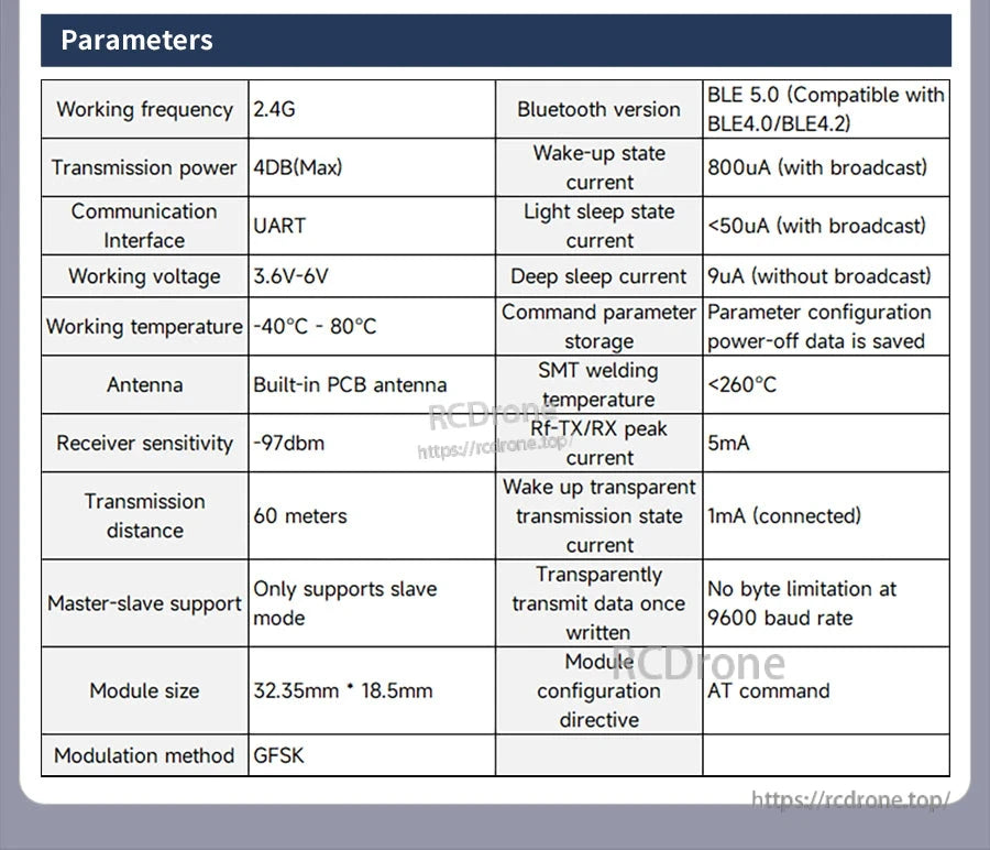 Yahboom 2.4GHz BLE 5.0 UART module parameters table showing 3.6–6V input, 60 m range, and low sleep current