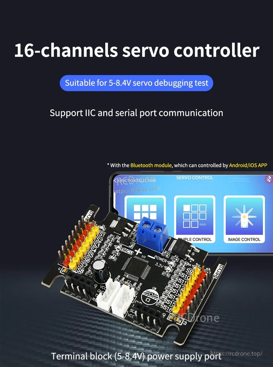 Yahboom 16-Channel PWM servo controller board with 5–8.4V terminal input and I2C/UART control