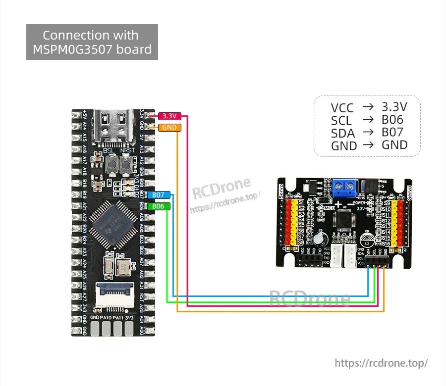 Connection guide for MSPM0G3507 board to the servo controller via I2C pins and 3.3V/GND