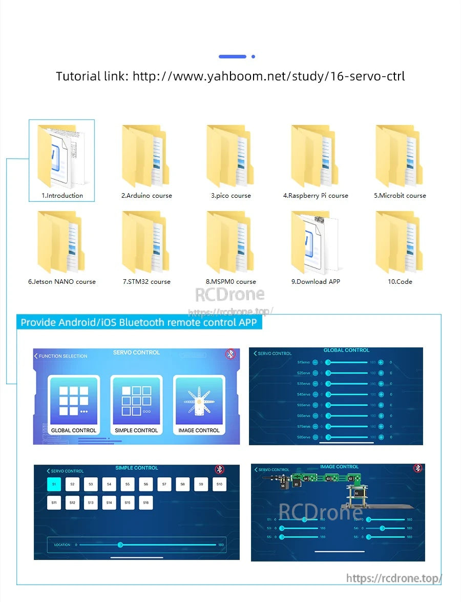 Yahboom tutorial page with Android/iOS Bluetooth remote control app interface for PWM servo control
