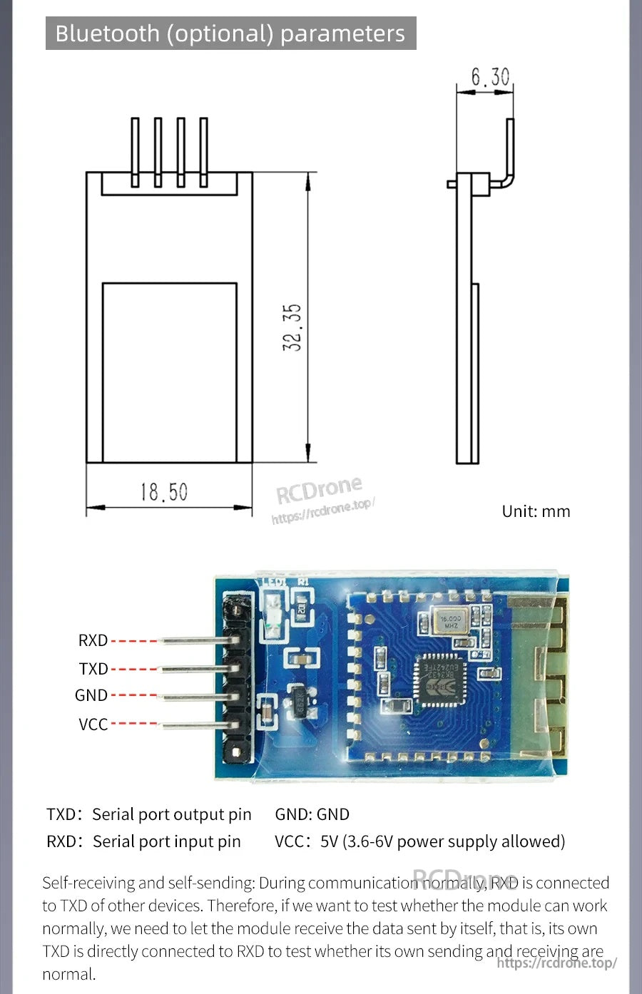 Bluetooth (optional) module with RXD/TXD/GND/VCC pins and 32.35 x 18.50 mm PCB dimensions