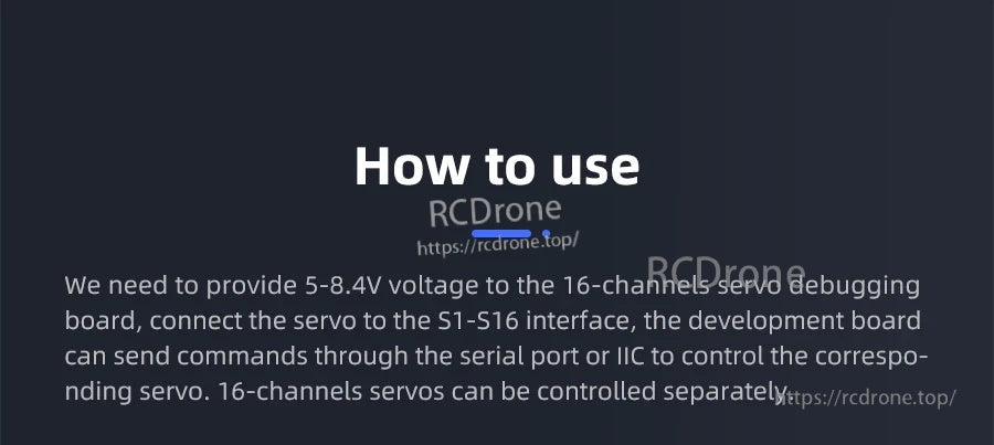 How to use overview: supply 5–8.4V, connect servos to S1–S16, and control via I2C or UART