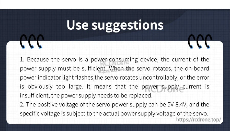 Servo controller use suggestions text covering power supply current needs and servo voltage range 5V–8.4V