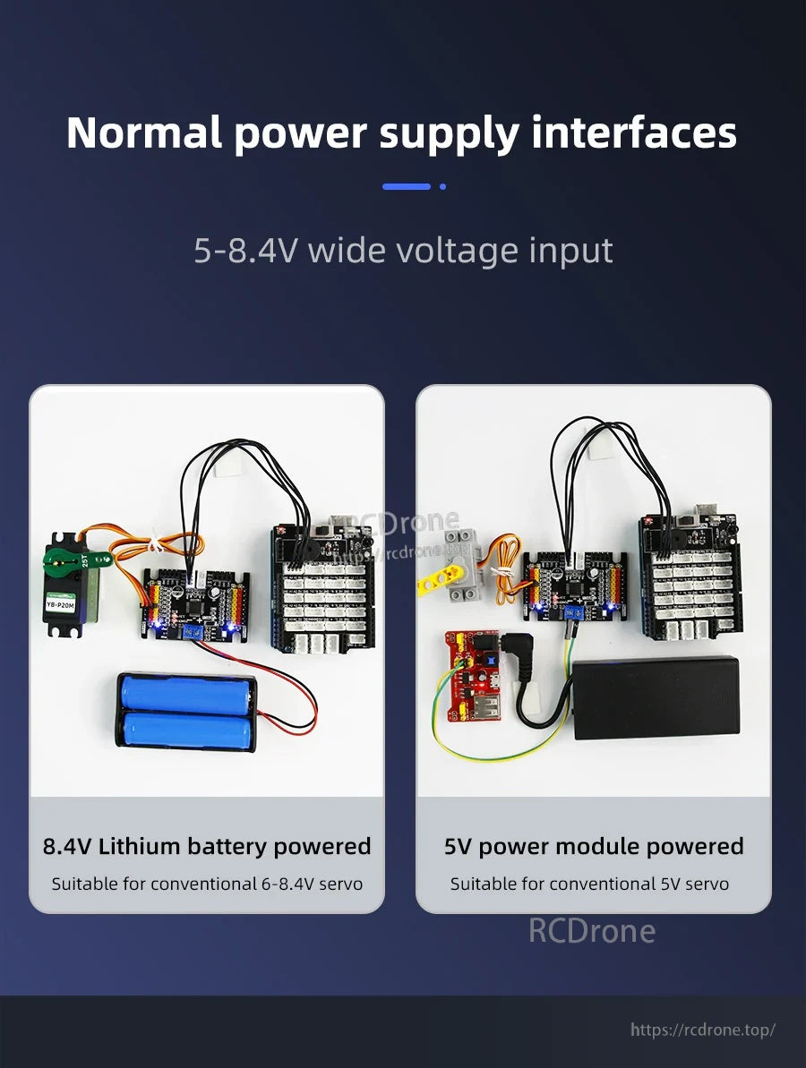 Power supply examples for the servo controller: 8.4V lithium battery setup and 5V module setup