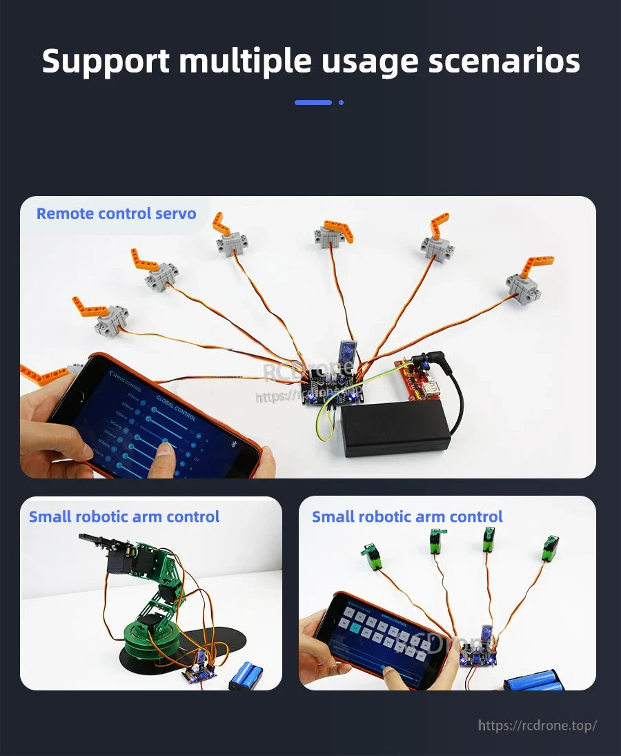 Usage scenarios: phone-controlled servo array and small robotic arm controlled through the servo controller
