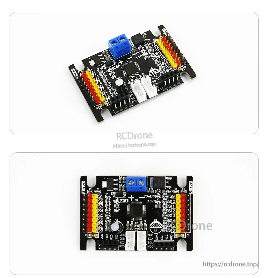 Yahboom 16-channel PWM driver board with blue screw terminal and dual servo pin headers for multi-servo control