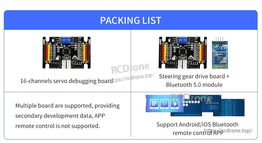 Packing list for 16-channel servo debugging board and optional Bluetooth 5.0 module bundle