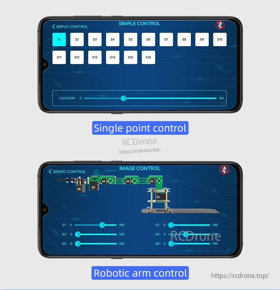 Mobile app single point control and robotic arm control screens for selecting channels and setting angles