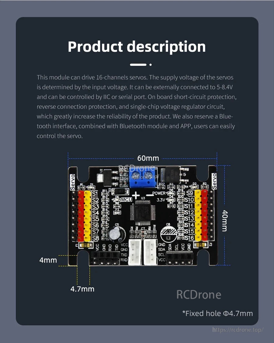 16-channel servo controller board size diagram showing 60×40 mm PCB and mounting hole positions