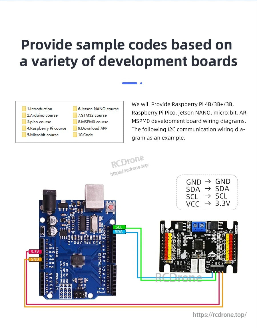 I2C wiring example from a development board to the 16-channel servo controller (SDA/SCL/VCC/GND)