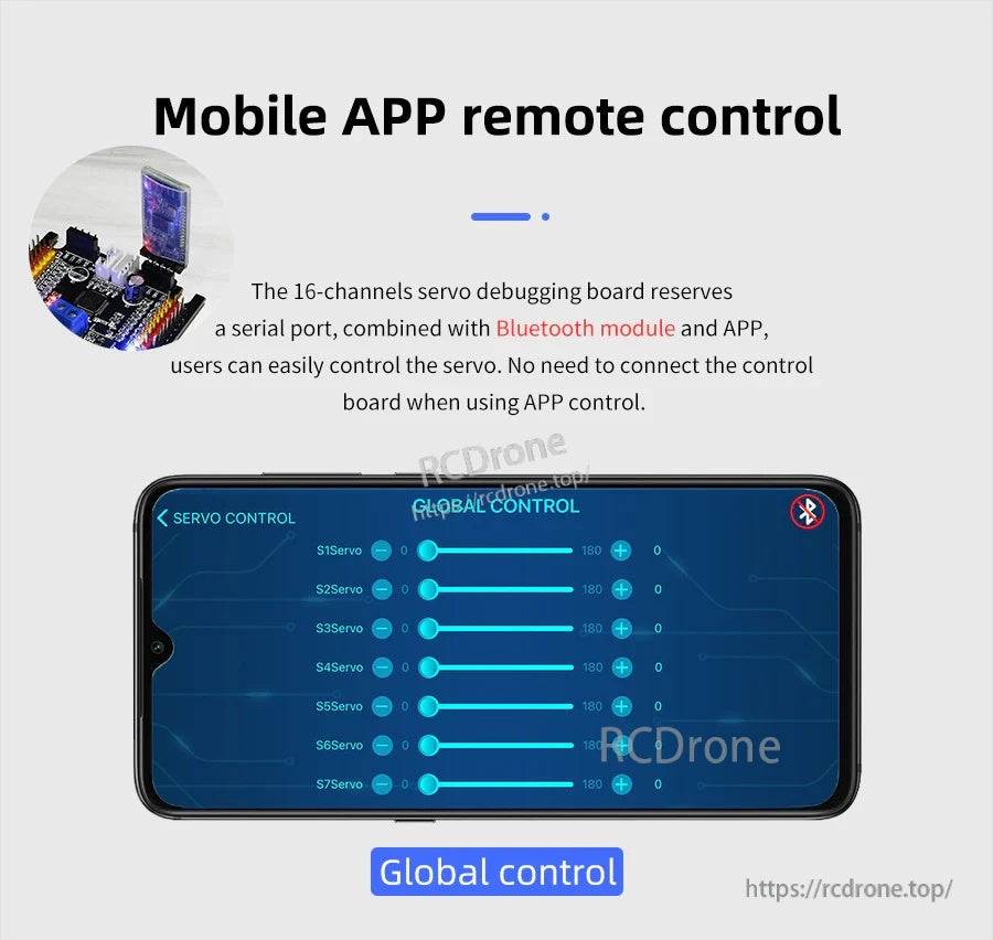 Mobile app global control screen with sliders for multiple servo channels via Bluetooth serial connection