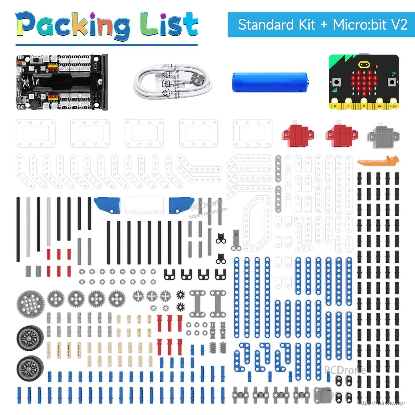 Standard Kit + micro:bit V2 packing list, including micro:bit board, battery pack, USB cable, blocks, sensors and wheels