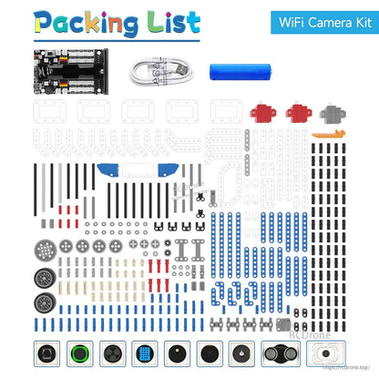 Packing list graphic for WiFi Camera Kit, showing building block parts, wheels, gears, sensors, battery and cables