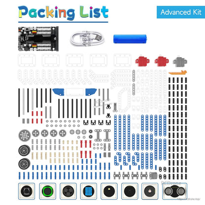 Packing list for Advanced Kit, showing controller board, battery, USB cable, building blocks, gears, wheels and sensors