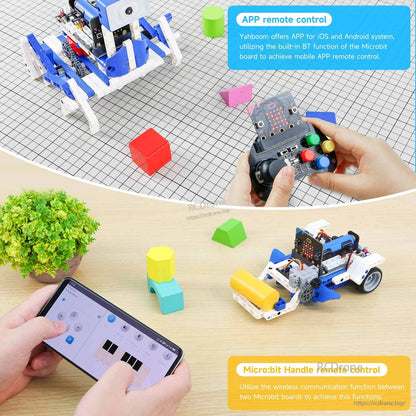 APP remote control demo: phone app controlling a micro:bit robot car and walking robot on a tabletop course