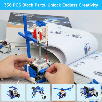 Hands assembling a windmill model with blocks; instruction manual and multiple build thumbnails shown