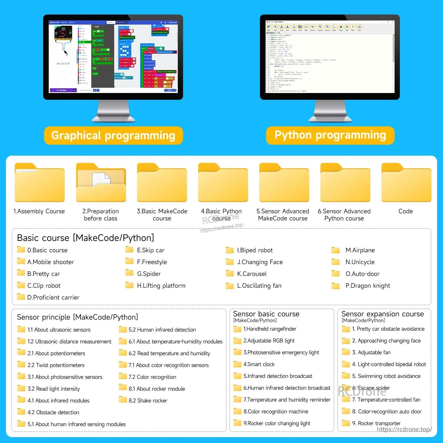 Courseware screenshot: graphical programming and Python, folders for assembly course, sensor lessons, and code files