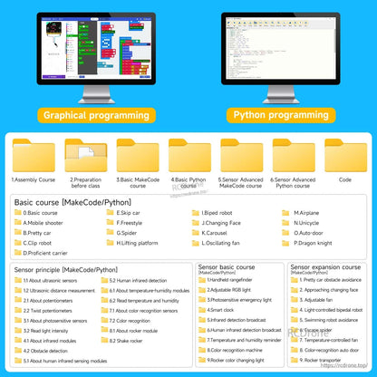 Courseware screenshot: graphical programming and Python, folders for assembly course, sensor lessons, and code files