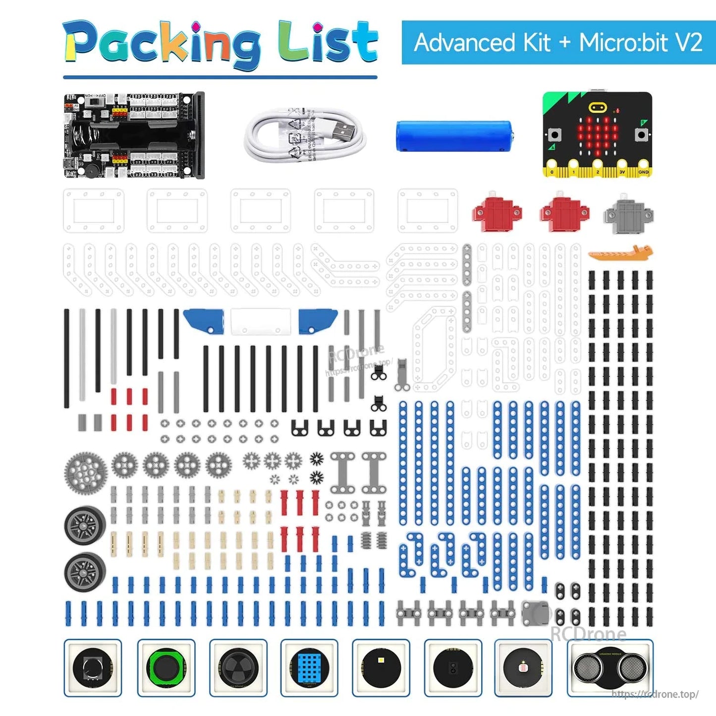 Packing list for Advanced Kit + micro:bit V2, including micro:bit board, battery, cable, sensors and block parts