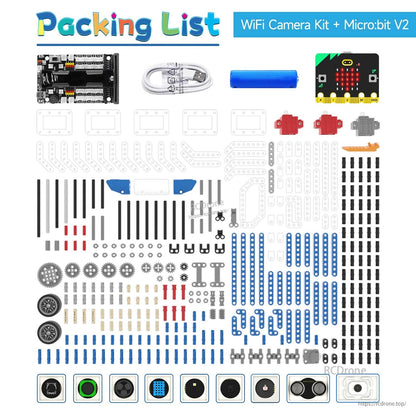 Packing list for WiFi Camera Kit + micro:bit V2, with micro:bit board plus block parts, sensors, battery and cable
