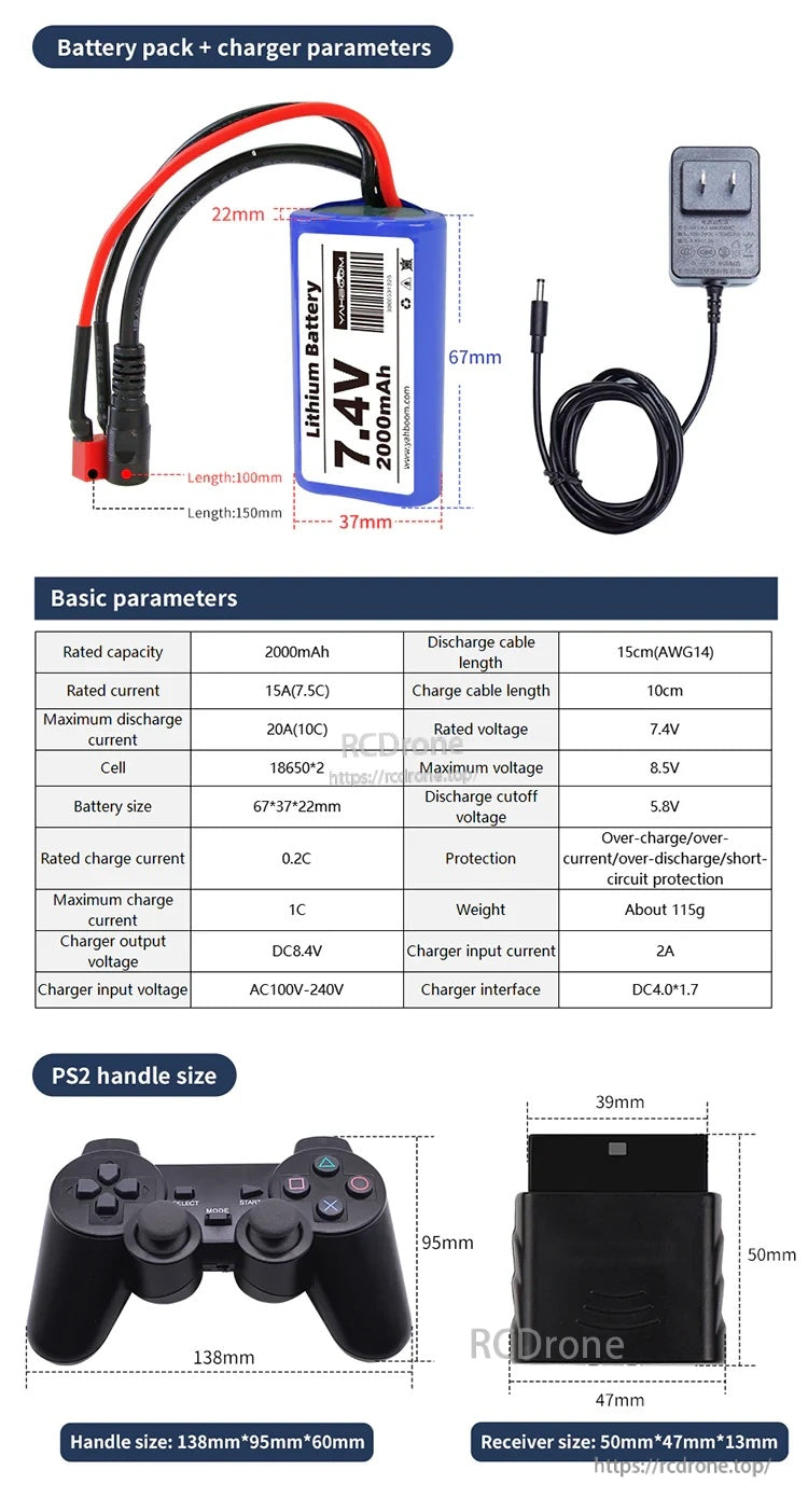 7.4V 2000mAh lithium battery pack with charger, wiring lead, and size/parameter chart for controller and receiver