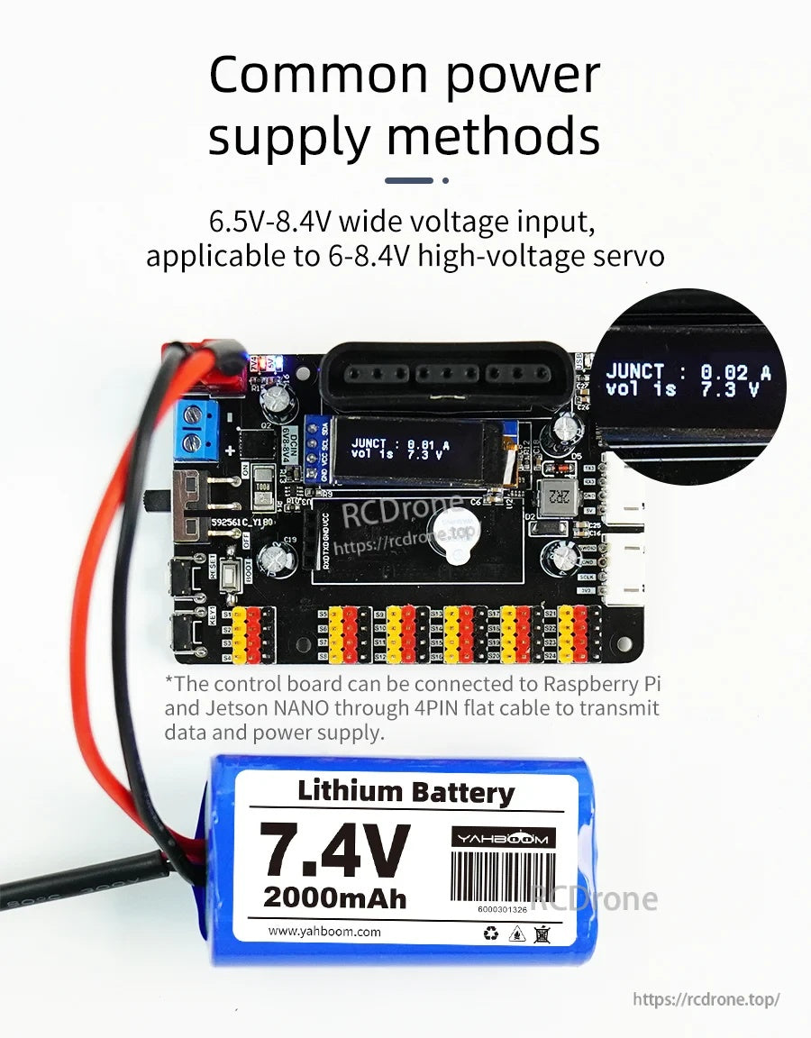 Common power supply example with 7.4V lithium battery connected and OLED displaying voltage and current