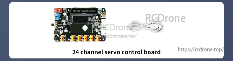 Yahboom 24-channel servo control board with OLED display, multiple PWM header ports, and USB cable