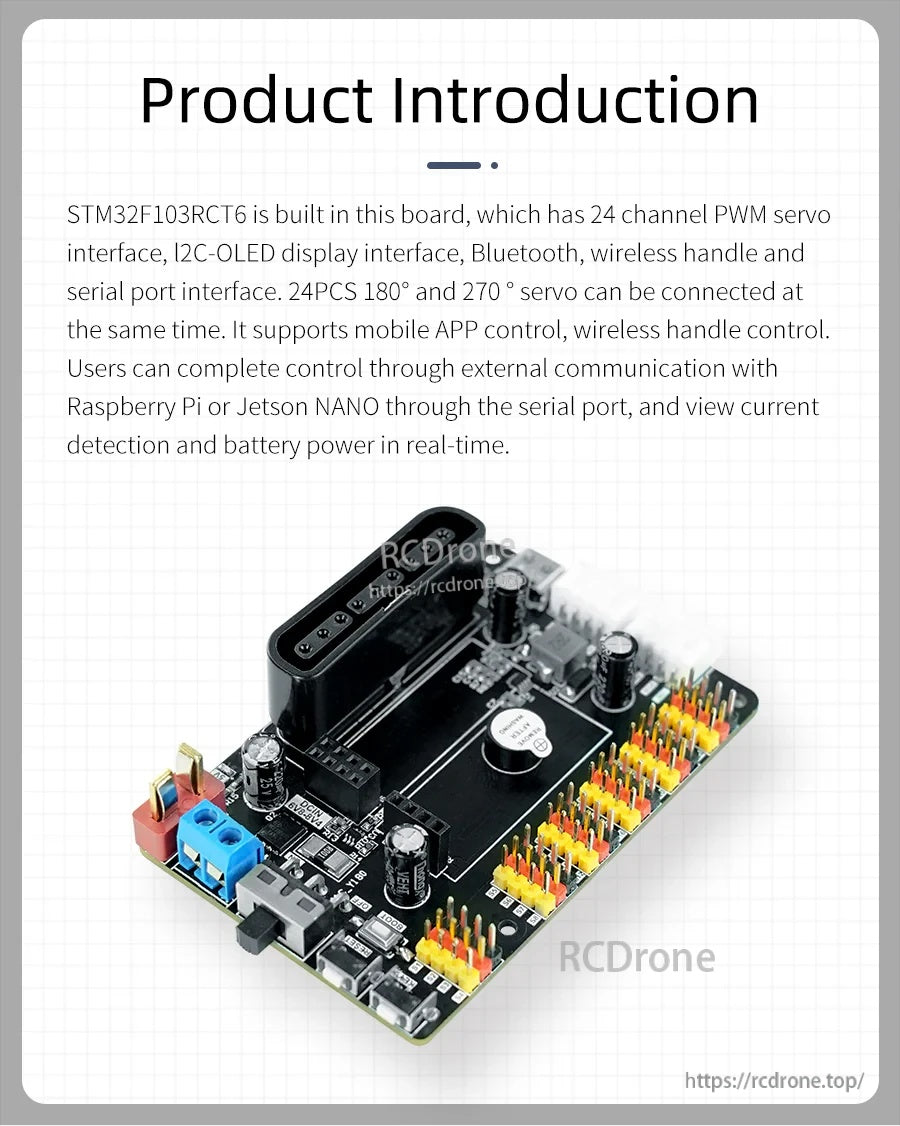Angled view of 24-channel PWM servo controller board with STM32F103RCT6 and 3-pin servo headers
