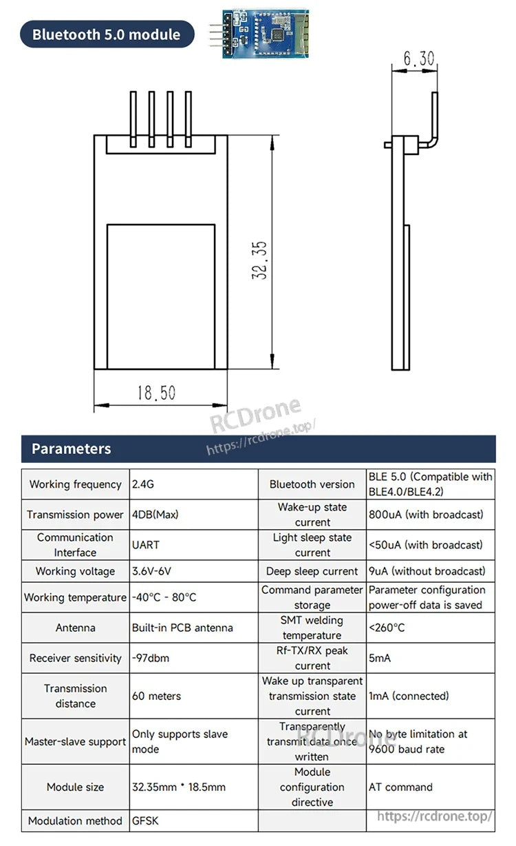 Bluetooth 5.0 module drawing with pin header, side profile, and key specs for 2.4GHz UART BLE connection