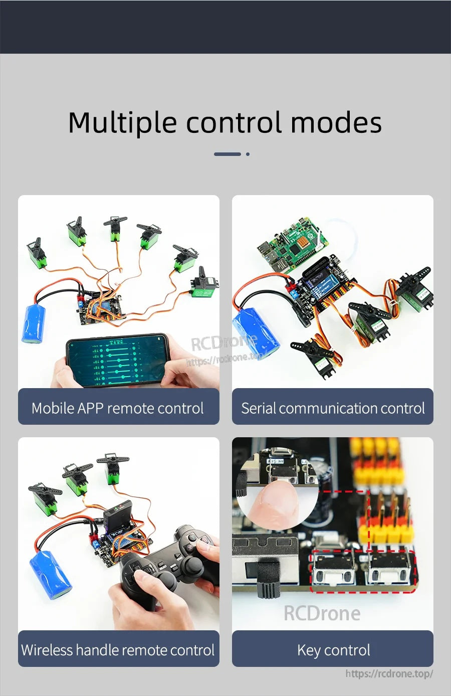 Multiple control modes collage: mobile app control, serial communication, wireless handle, and onboard key control