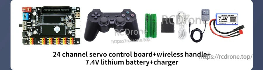 Yahboom 24-channel servo control board kit with wireless gamepad, 7.4V lithium battery, charger and cables