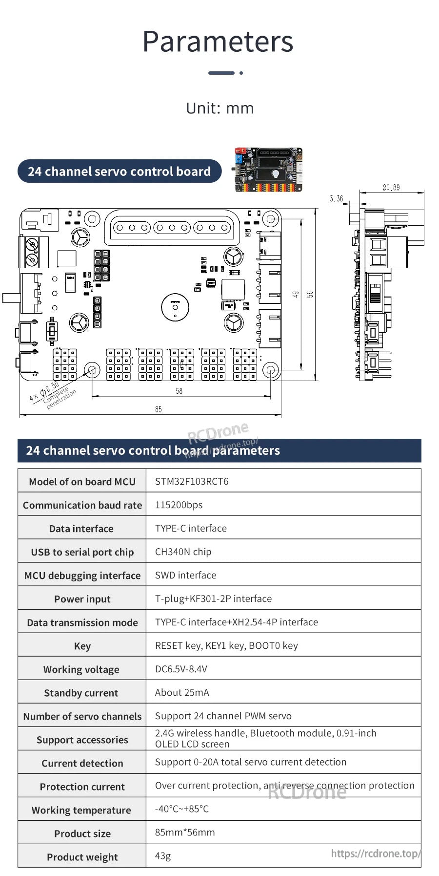 Dimensioned diagram and key specs for a Yahboom STM32F103RCT6 24-channel servo control board with CH340 USB chip