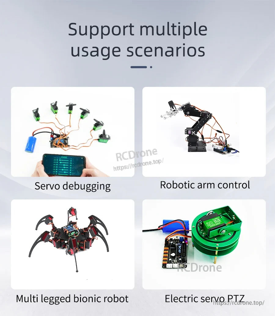 Collage of usage scenarios for a Yahboom STM32 dual PWM controller: servo debugging, robotic arm, legged robot and servo PTZ.