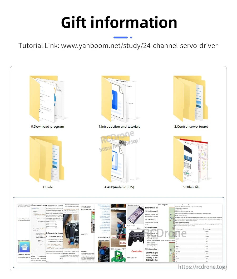 Gift information screen with Yahboom tutorial link and folders for program download, code, app, and manuals