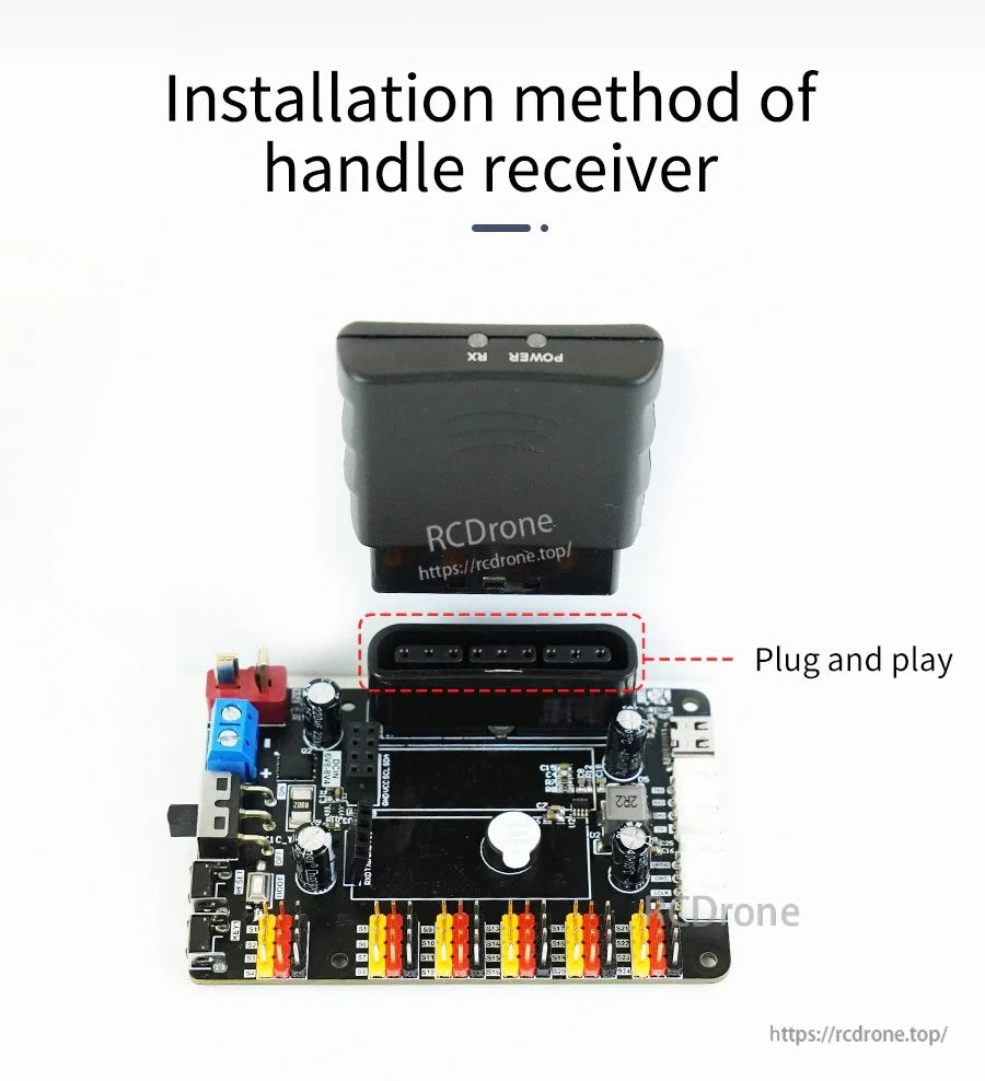 RCDrone STM32 controller board with plug-in handle receiver module, showing plug-and-play connector layout