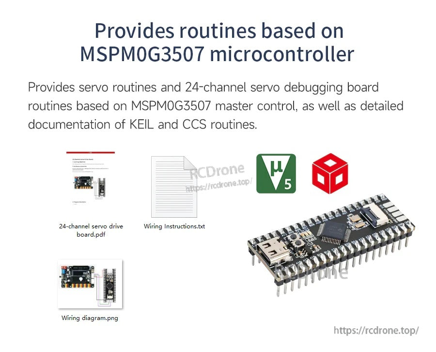 MSPM0G3507-based 24-channel servo debugging board with USB port and pin headers, plus routine documentation icons