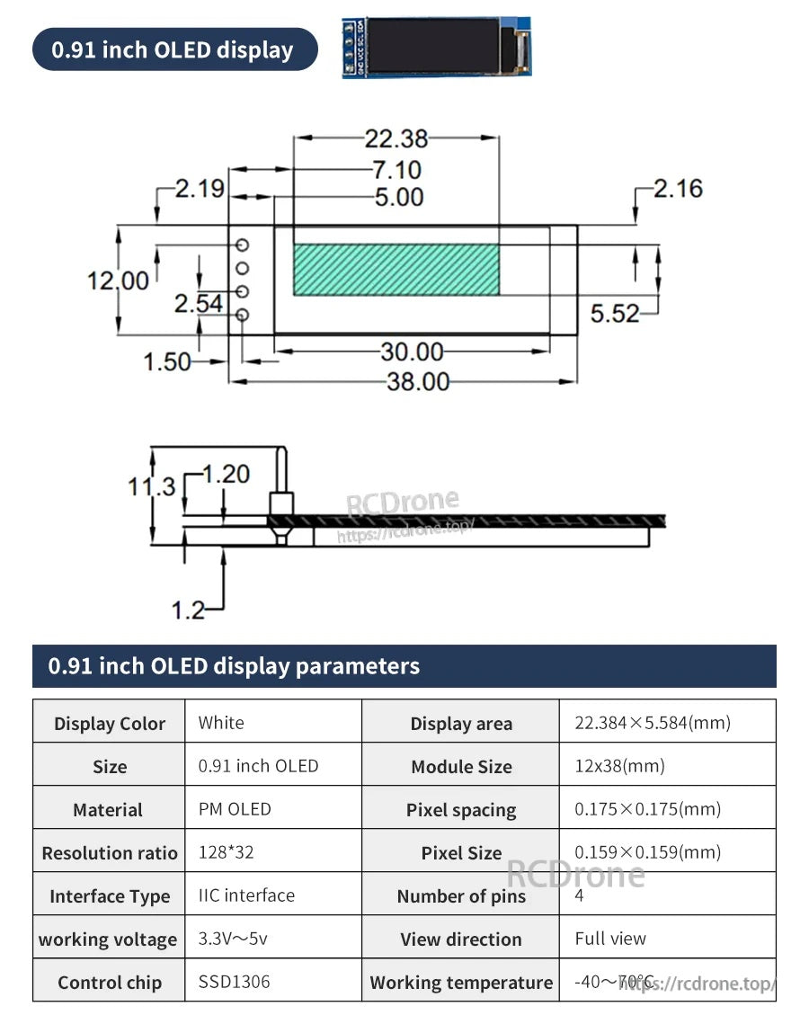 0.91 inch white OLED display module dimension diagram with SSD1306 I2C interface, 128x32 resolution and 4-pin header