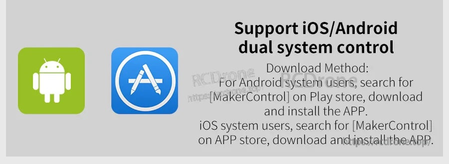 iOS and Android app support icons indicating dual-system control for the Bluetooth servo controller app