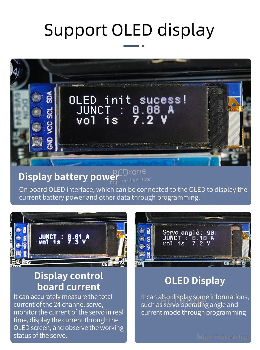 0.91-inch I2C OLED display examples showing battery voltage, current, and servo angle readouts